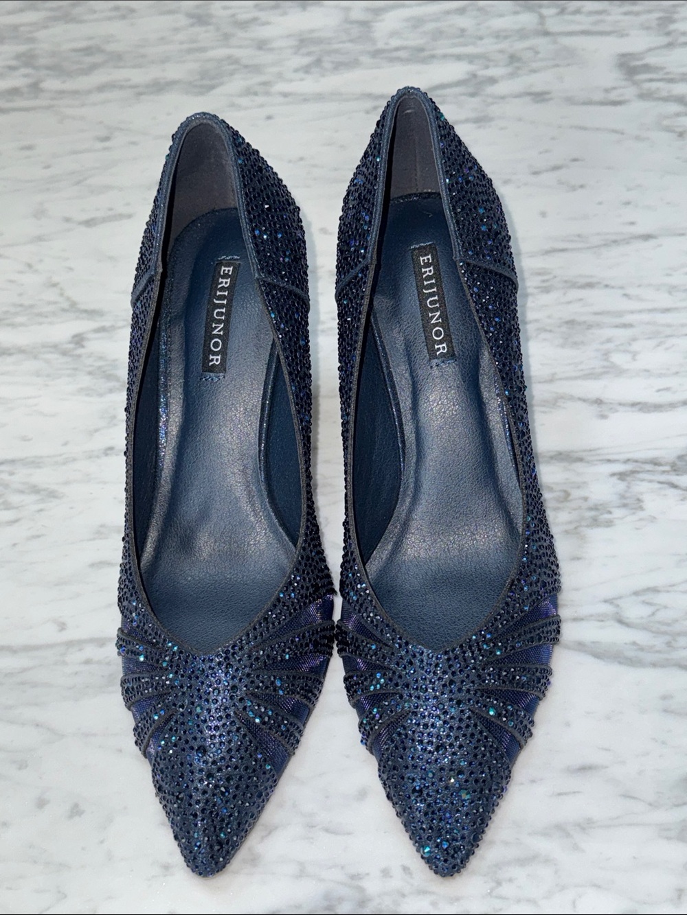 Erijunor Navy Crystal-Embellished Pointed-Toe Heels
